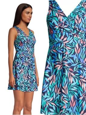 Land’s End Floral Tummy Control Wrap Swim Dress One Piece Swimsuit